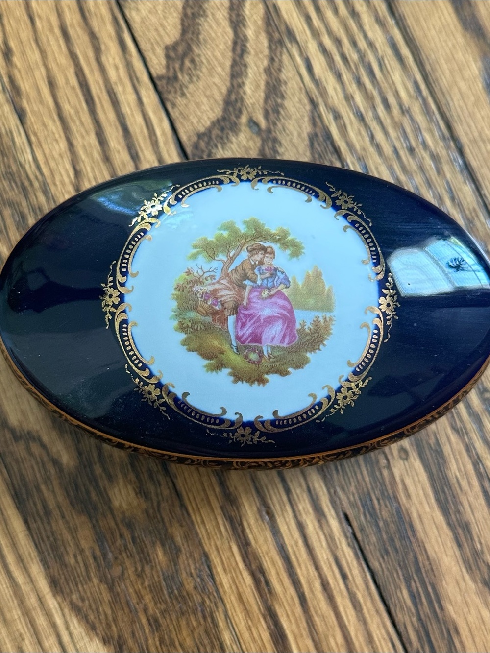 Limoges Cobalt Blue Porcelain Trinket Box with Gold Accents and Romantic Scene